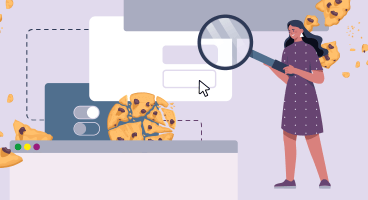 An illustration of a woman holding a magnifying glass. In the background, there are stylised browser windows and consent boxes. Also, there are multiple crumbled chocolate cookies which symbolise tracking cookies on websites.